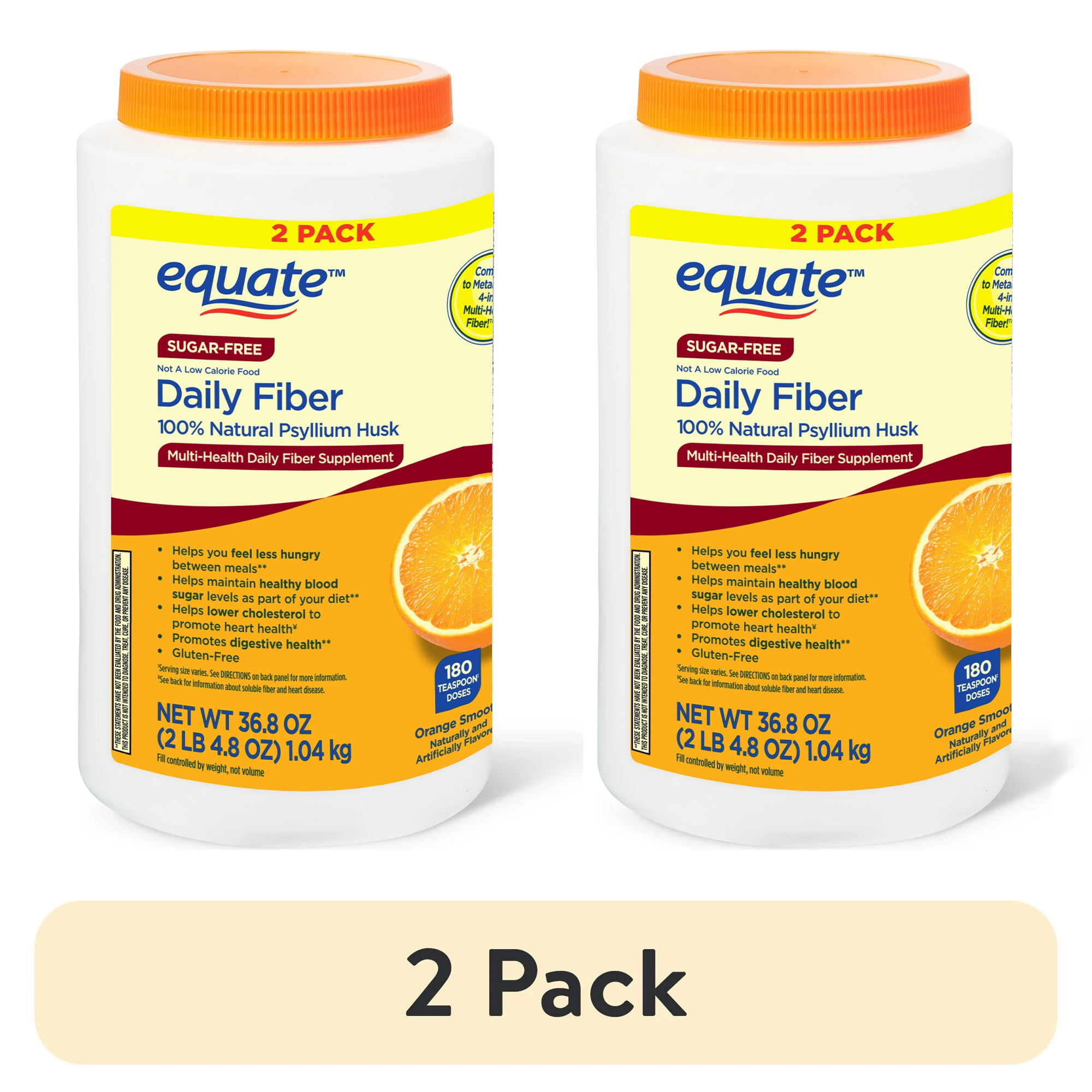 (2 Pack) Equate Daily Fiber 100% Natural Psyllium Husk Multi-Health Supplement, Orange Flavor, 36.8 oz