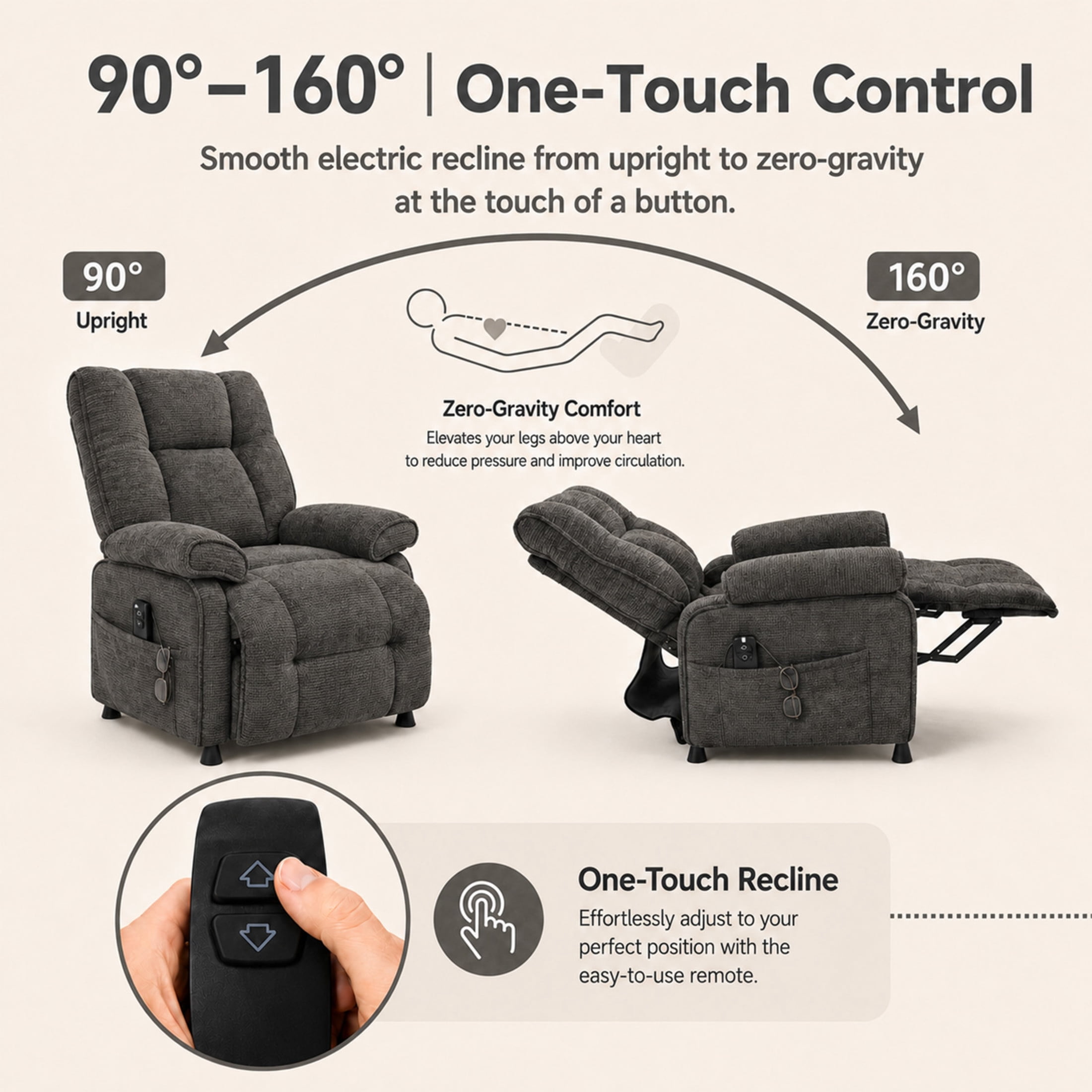 GDF Studio Rosane Electric Power Recliner Chair with Side Storage Pocket, Chenille Multi-Scene Lounge Chair, Dark Grey