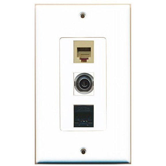RiteAV - 1 Port Phone RJ11 RJ12 Beige and 1 Port 3.5mm and 1 Port Cat5e Ethernet Black Decorative Wall Plate Decorative
