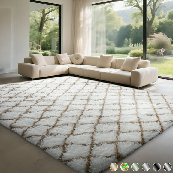 CozyDesg Shag Area Rugs,8'x10' Soft Fluffy Shaggy Carpet for Living Room,Large Rug for Bedroom Dining Room Home Decor Room Decor,White & Beige