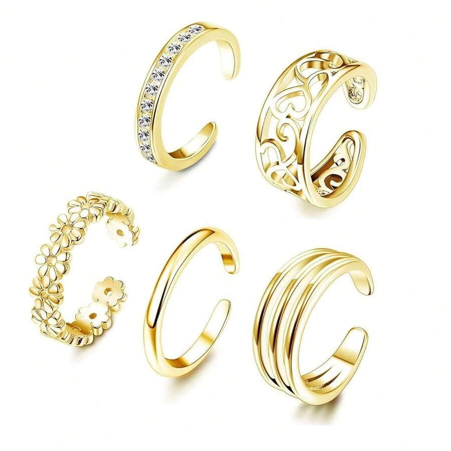 A:GoldTone 5-Pack Adjustable Gold Tone Toe Rings For Women, Open Design