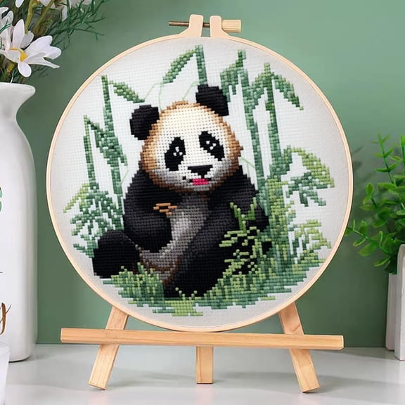 DIY Cross Stitch Kits Panda Back Easy for Beginners with Hoop 11CT Needlepoint Embroidery Counted Stamped Cross Stitch Set Craft Wall Decor 20x20cm(1)