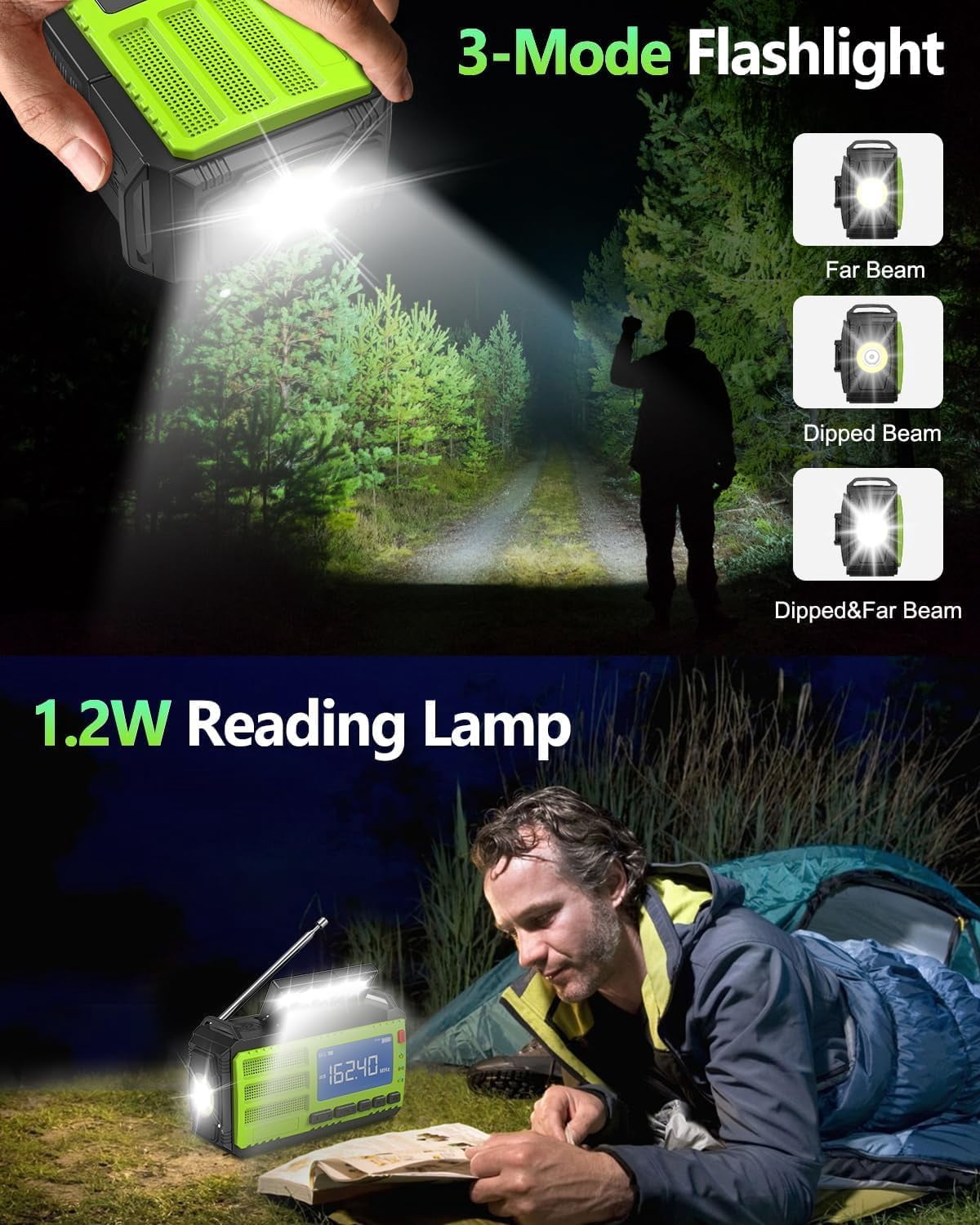37000mWh Hand Crank Emergency Radio, AM FM NOAA Weather Alert Radio, Portable, Solar, 4 Charging Methods, 3-Mode Flashlight, Reading Lamp, SOS Alarm, Phone Charger for Winter Storm Emergency