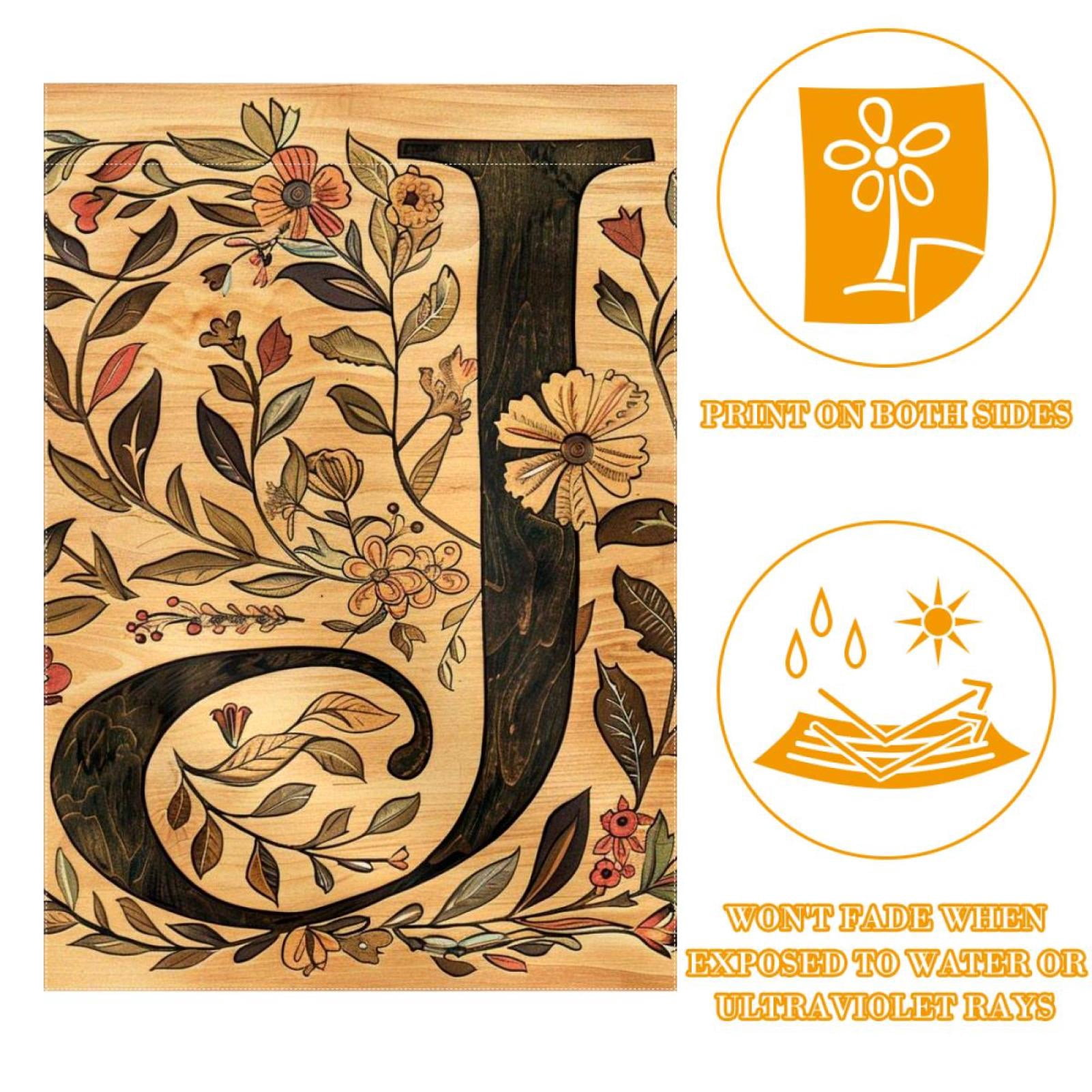 Letter J with Flowers Leaves Vintage Retro Pattern Double Sided Garden Flag Decorative Weather Resistant Yard Flag, Large DIY Vertical Flag for Farmhouse Patio Lawn, 28x40 Inch