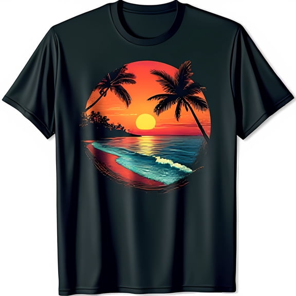 Men's Black T-Shirt with Colorful Sunset Beach Graphic Trees & Horizon Design