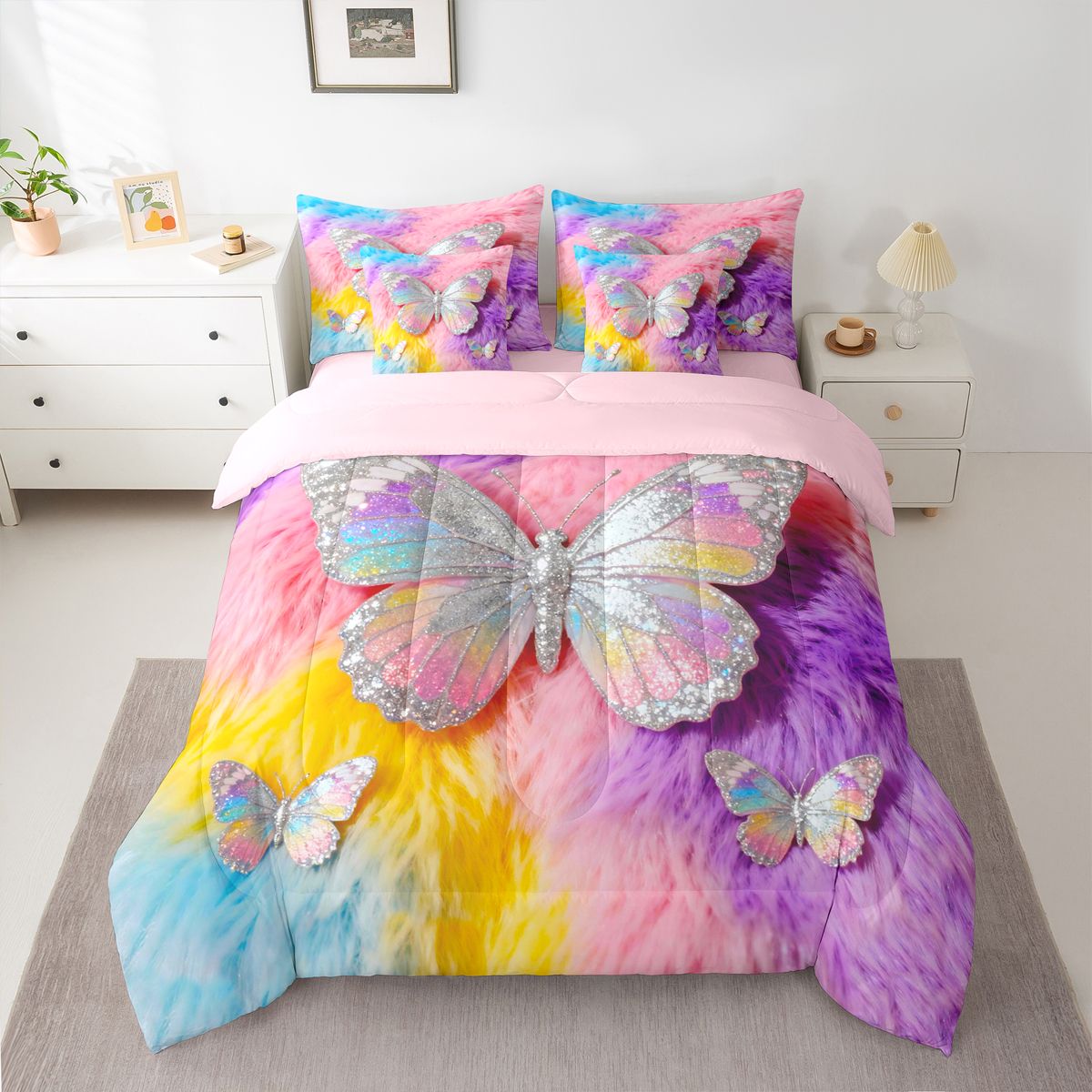 Homewish Colorful Butterfly 7pcs Bedding Comforter Set,Multicolor Glitter Print Queen Bedding Sets,Pink Purple Blue Queen Sheet Sets For Girls,Microfiber Bedroom Decor Reversible