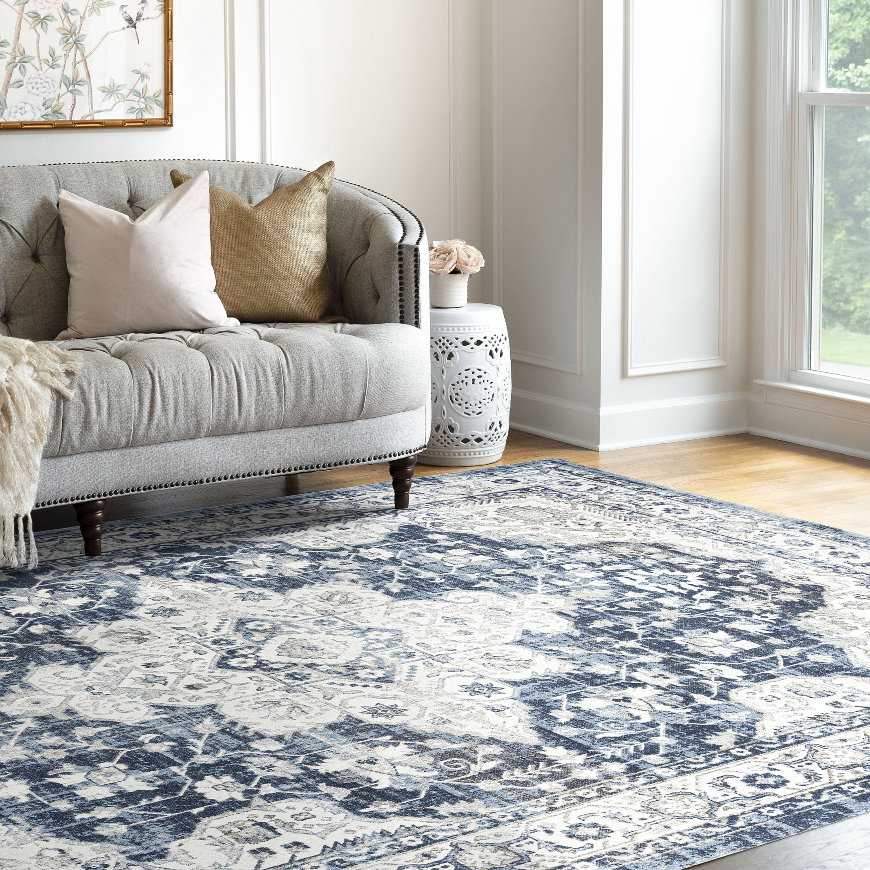 Traditional 9x12 Area Rug (8'9'' x 11'3'') Oriental Navy, Navy Living Room Easy to Clean