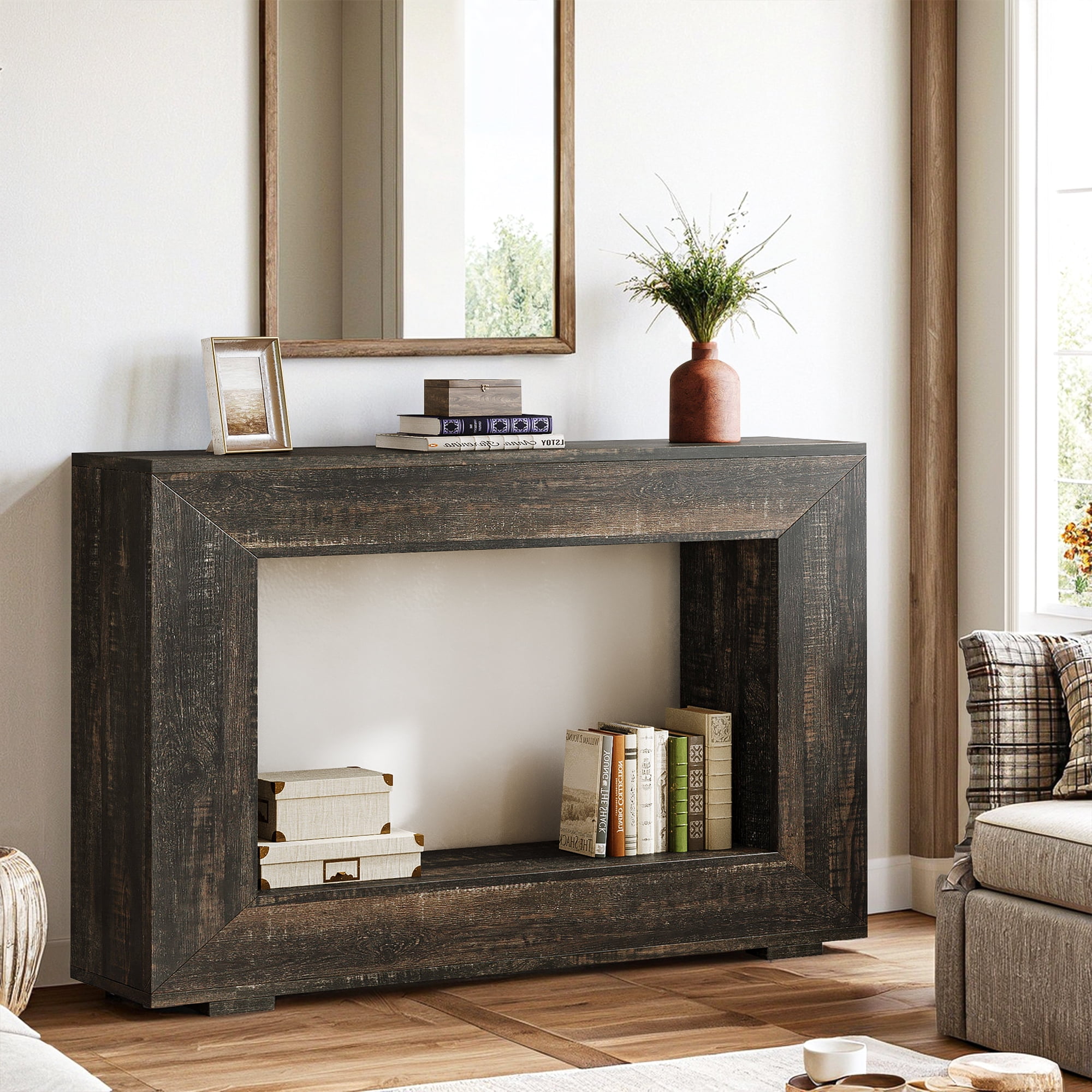 Demi Bonn 47" Farmhouse Console Table, Modern Living Room Sofa Table with Storage, Contemporary Entryway Hall Table, Foyer Display Table, Dark Gray