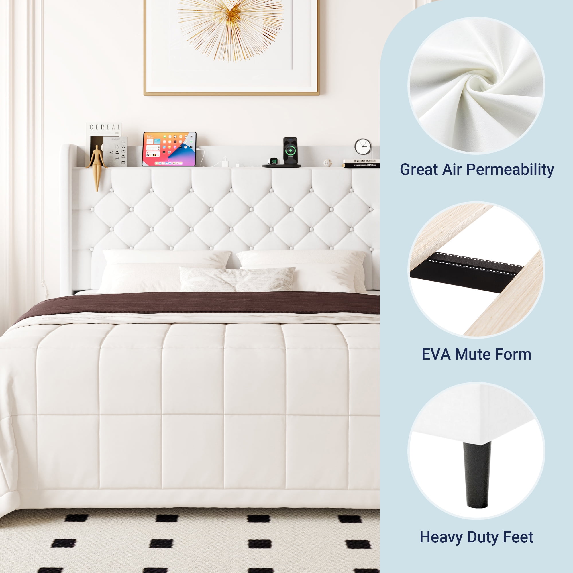 Allewie Queen Size Bed Frame, Storage Headboard with Charging Station, Wingback Velvet Upholstered, Diamond Stitched Button Tufted, Sturdy Wooden Slats, No Box Spring Needed, Easy Assembly, White