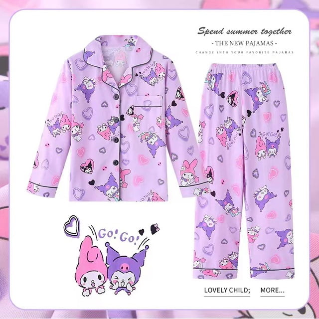 Pijamas Sanrios Kawaii Anime Mymelody Kuromi Cinnamoroll conjunto de dibujos animados de manga larga para niños ropa de casa para niñas de primavera y otoño