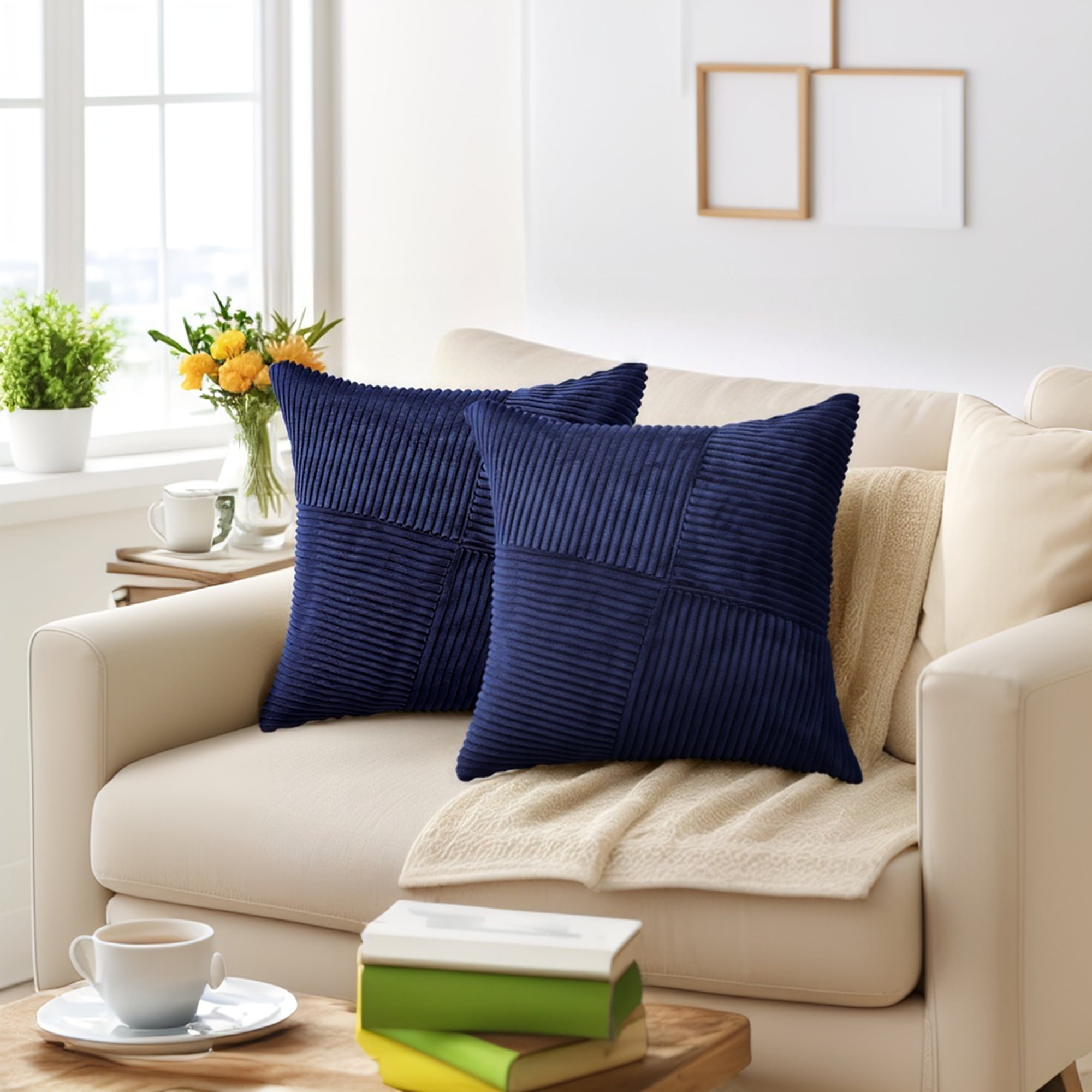 Unique Bargains Solid Corduroy Throw Pillow Covers Set of 2 Navy Blue 18" x 18"