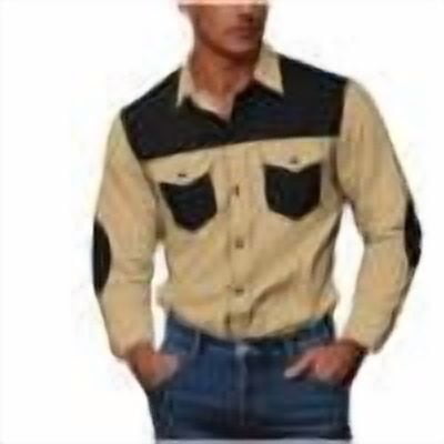 Mens Long Sleeve Western Shirt Big and Tall Casual Button Down Color Matching Work Collared Tops with Front Pockets