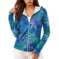 thumbnail image 3 of UPF 50+ Sun Protection Hoodie for Women - Tropical Floral Print Long Sleeve Zip Up Jacket with Thumbholes & Pockets, Lightweight Active Rash Guard Dark Blue XXL, 3 of 6