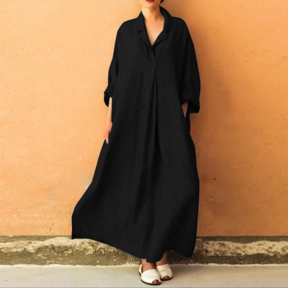 ZHOGXU Women's Dress Long Sleeve Lapel Solid Color Plus Size Fashion Comfortable Line Maxi Dresses With Pockets For Casual Daily Wear,Black,L