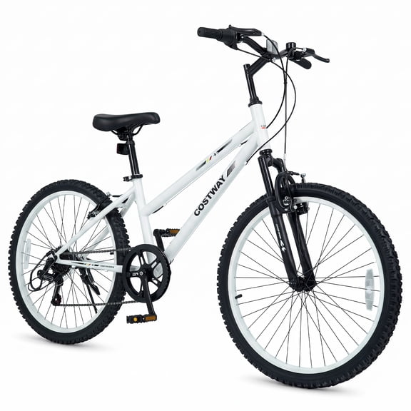 Costway 24 Inch Mountain Bike with Adjustable Seat, Front Suspension Fork, Handbrakes White