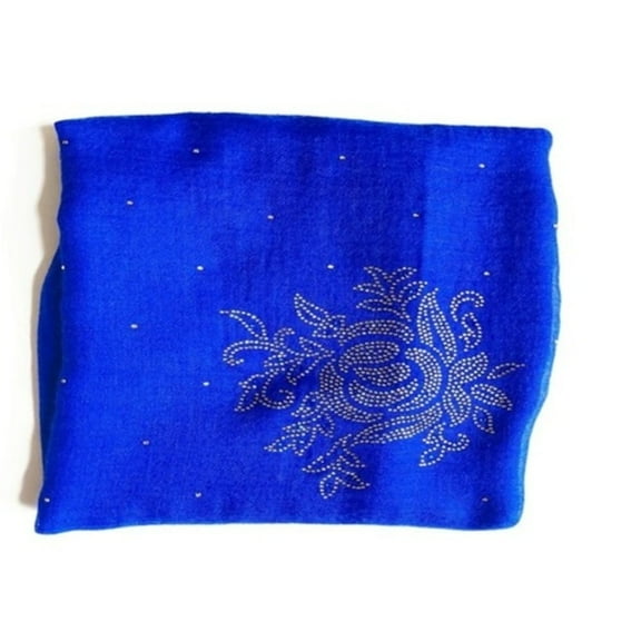 Mirayan India Sparkling Pure Pashmina Royal Blue Scarf With One-Of-A-Kind Floral Crystals Artwork