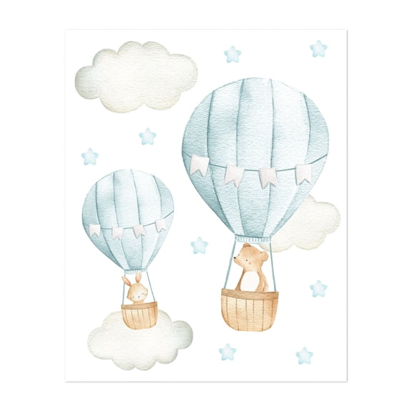 Blue Hot Air Balloon, Bear, Bunny, Forest Animals, Woodland Animals, Boy Nursery - Illustration Hot Air Balloon Watercolor Whimsical Animal Pastel Unframed Wall Art Print 6 x 8 inches