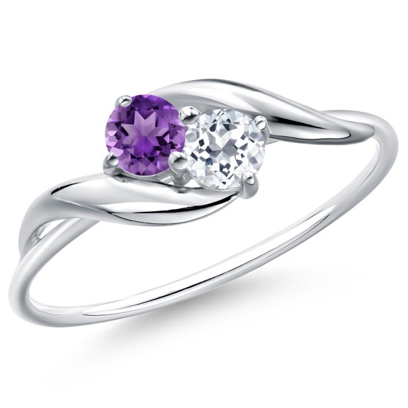 Gem Stone King 10K White Gold Round Purple Amethyst and White Topaz Ring for Women (0.38 Cttw, Round 3.5MM, Gemstone February Birthstone, Size 6)