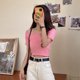 thumbnail image 5 of Camiseta de punto Mujer Top de manga corta con cuello cuadrado Camiseta delgada de color sólido, rosa Sweethay AP001600-05B, 5 of 7