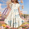 thumbnail image 2 of Birthday Party Dress for Girls, Short Sleeve Round Neck Printed Ruffled Pocket A-Line Style with Elastic Waist, Light Blue, Size 120 cm, 2 of 6