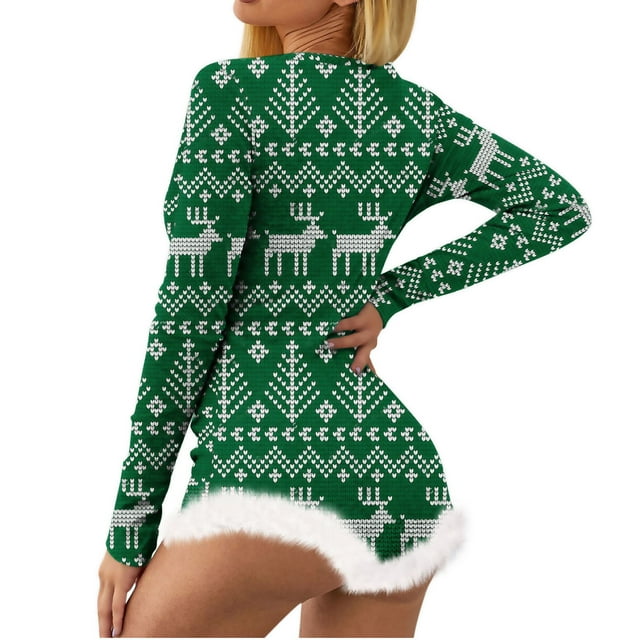 DPTALR Pyjama de Noël pour Femmes, Imprimé Inpositionnel, Col en V, Détail Plume, Manches Longues, Lingerie Sexy