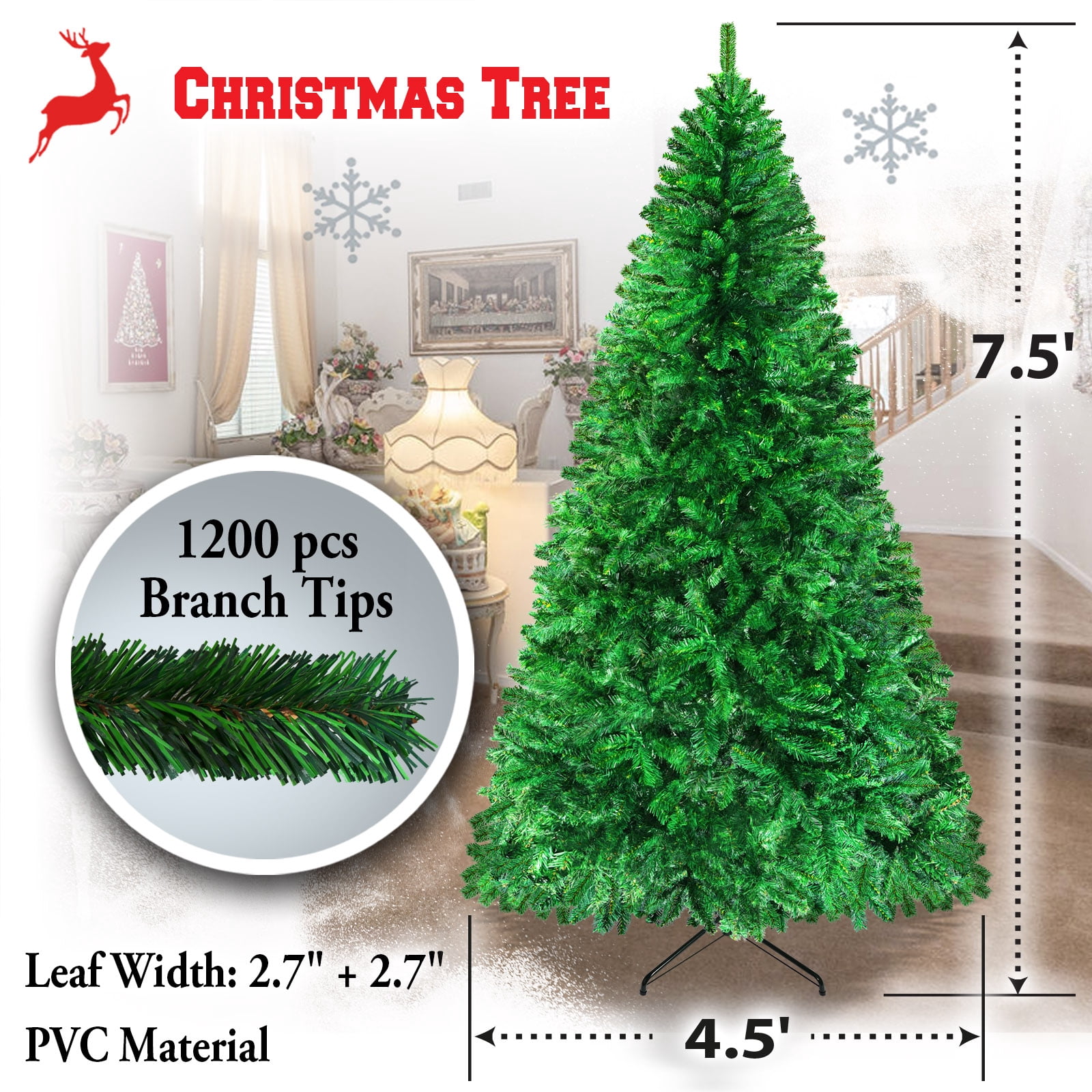 Sunrise 4 Sizes Artificial Christmas Tree w/Metal Stand,Easy Assembly, Green (7.5 Ft)