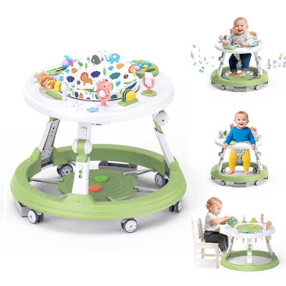 Baby Walker Foldable, 4-in-1 Toddler Infant Walkers for Boys and Girls 6-18 Months with Wheels- Baby Activity Center, 3-Gear Height Adjustable, 360-degree Rotatable Play Tray, Music and Lights(Green)