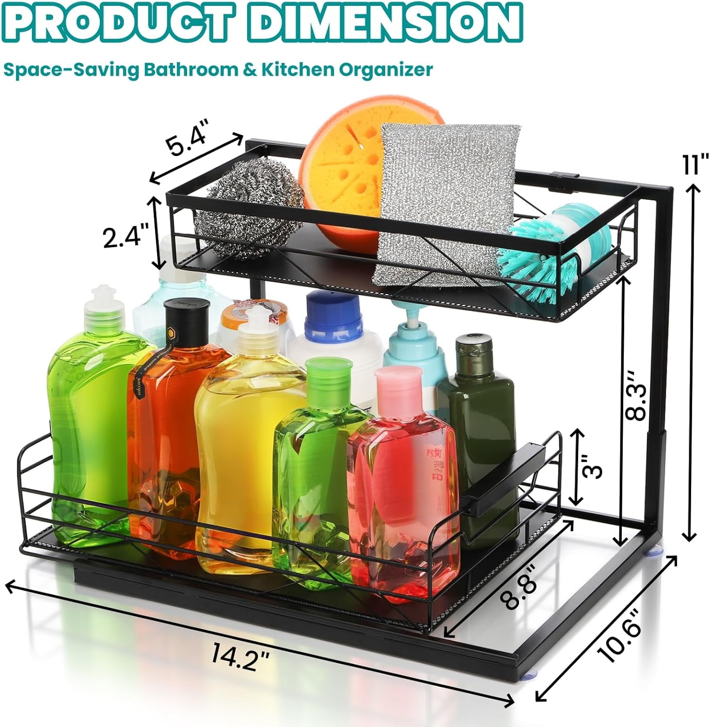 Pull Out Under Sink Organizer, 2 Tier Storage with Suction Cups, PVC Mat, Sliding Drawer, Metal Cleaning Supplies Shelf Cabinet Organizer for Kitchen, Laundry, Pantry, Bathroom