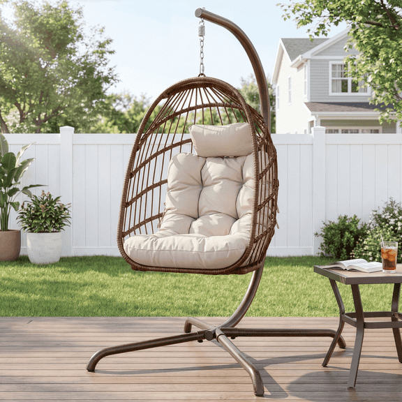 RADIATA Outdoor Foldable Hanging Egg Chair with Stand, PE Wicker Indoor Outdoor Swing Chair with 5" Cushion and Headrest, 350 lbs Capacity, Brown