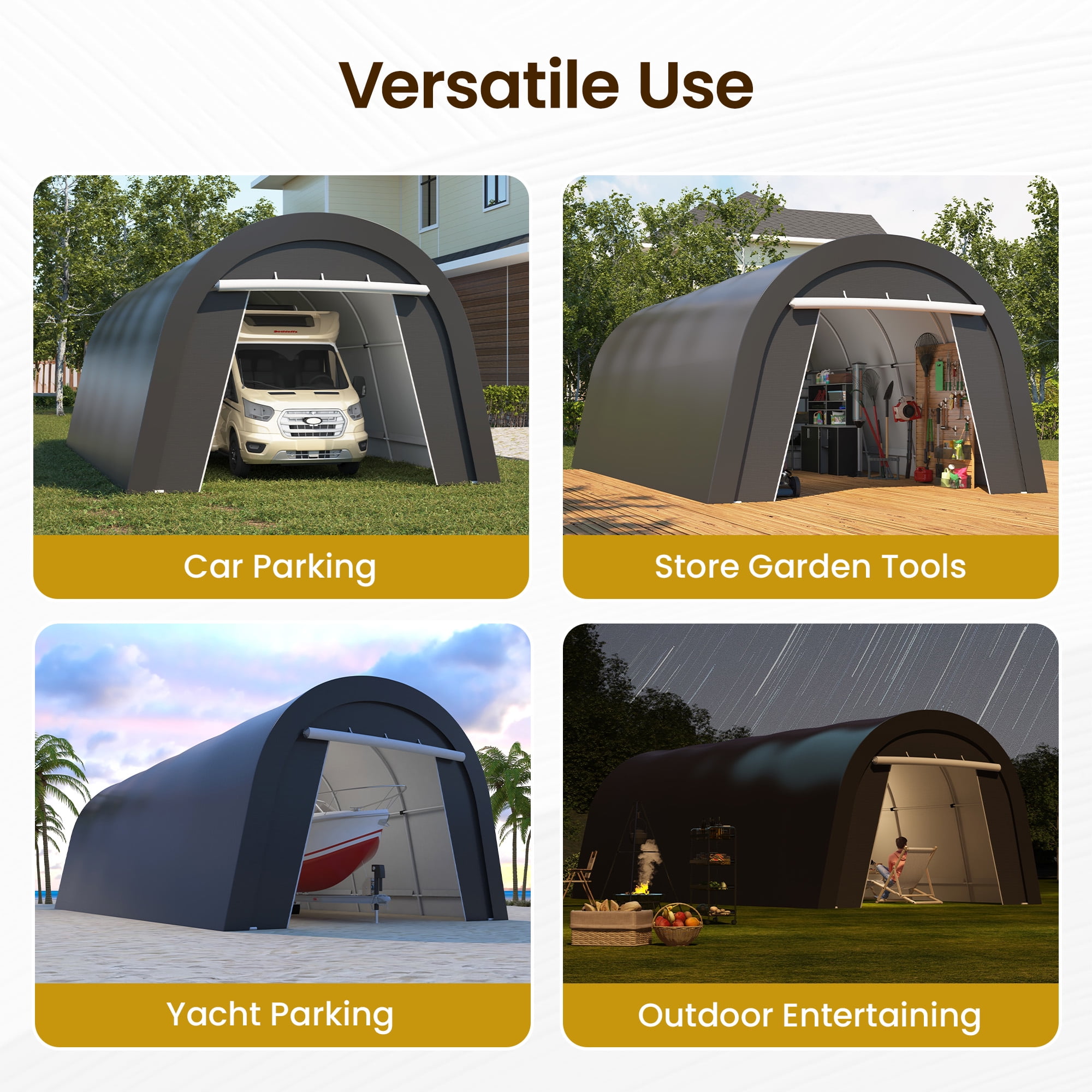 CozyHome 12' x 25' Domed Carport with 4 Cloth Bags, Portable Garage with 2 Roll-up Doors, All-Weather Storage Shelter Shed for Cars, Truck, or Garden Tools