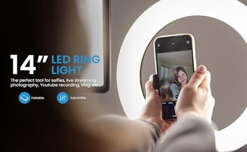 iDance LED Ring Light with Cell Phone Holder, 14", USB Powered with Bluetooth Remote Control and Foldable Adjustable Tripod Stand, Selfie, Makeup Ring Light with Universal iPad Mini Holder