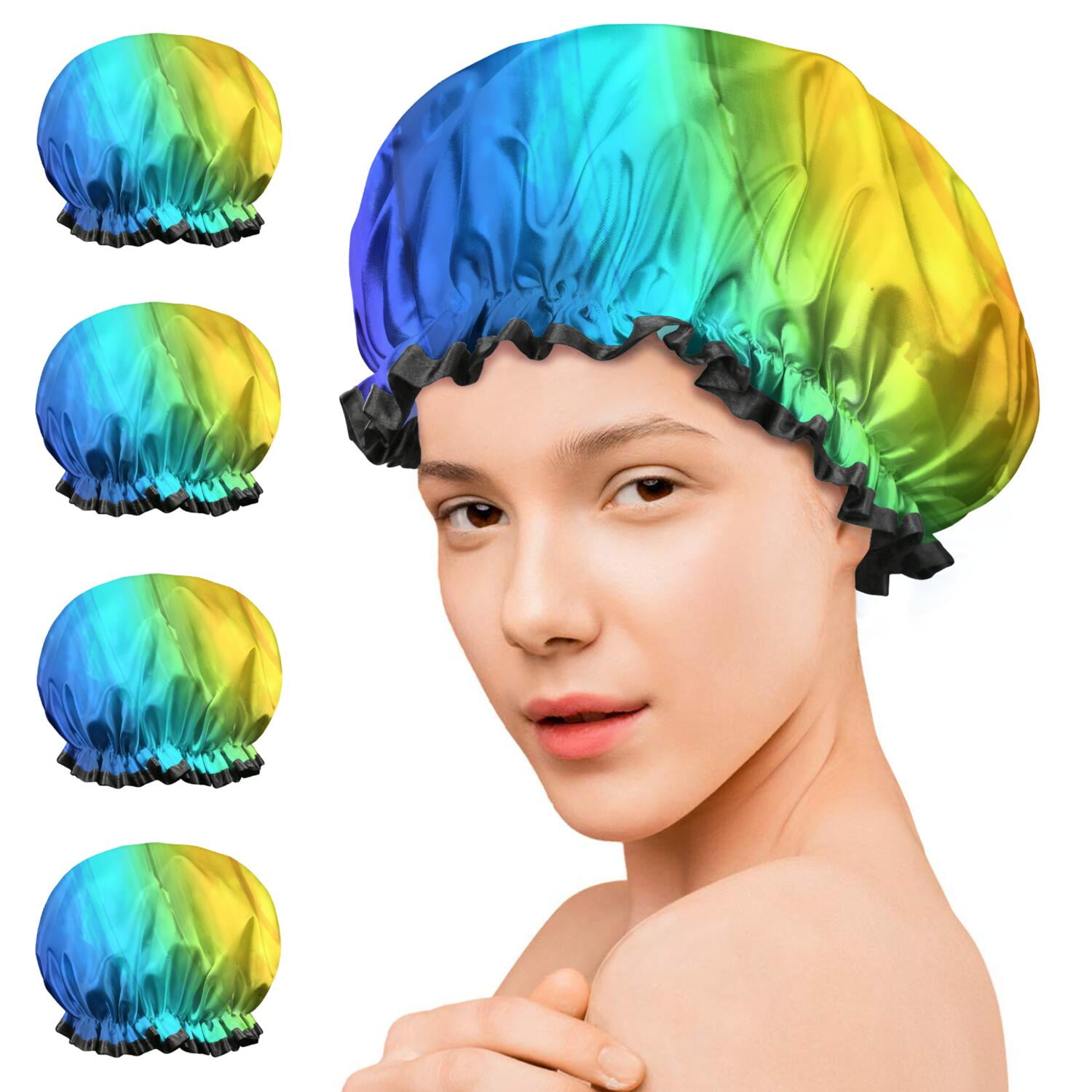 Shower Caps,Colorful Tie Dye Pattern Waterproof Shower Cap for Women 4 Pieces,Double Reusable Hair Cover for Shower PEVA Elastic Stretch Hem