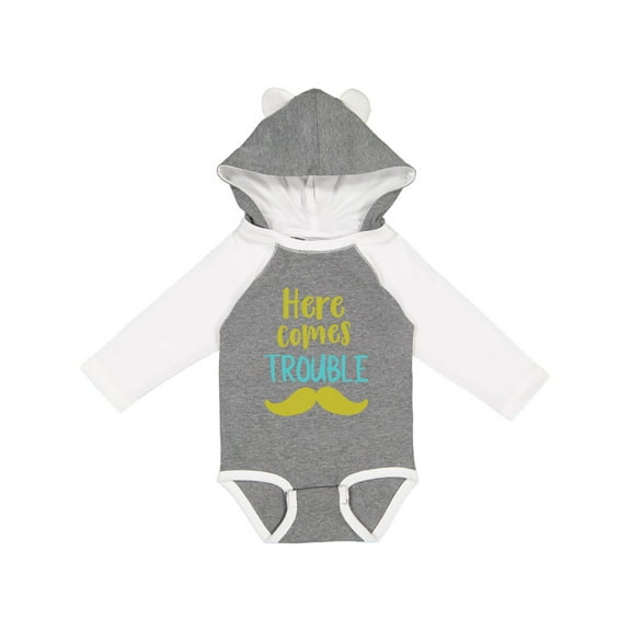 Inktastic Here Comes Trouble, Mustache, Moustache Boys or Girls Long Sleeve Baby Bodysuit