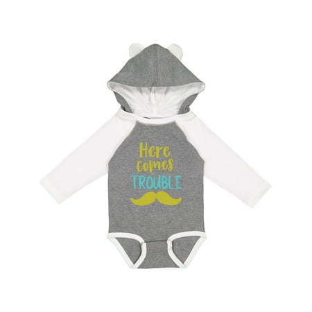 

Inktastic Here Comes Trouble Mustache Moustache Gift Baby Boy or Baby Girl Long Sleeve Bodysuit