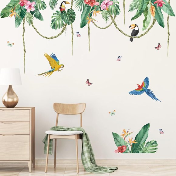 Autocollants Muraux Feuilles Tropicales Plantes Vertes Vignes Suspendues Fleurs Autocollants Muraux Salon Chambre Bureau Décoration Murale
