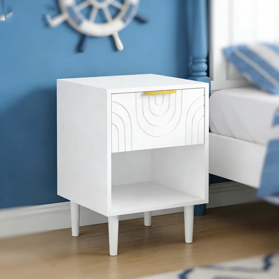 White Kids Nightstand with Drawer & Gold Handle, Sturdy Solid Wood Leg Bedside Table, Space-Saving End Table for Kids Bedroom Small Spaces
