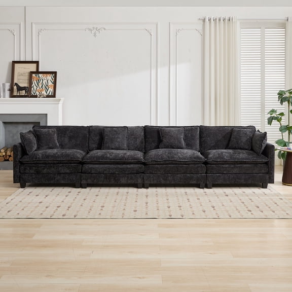 Cloud Sofa 4 Seats, Ottoman Not Included, Modern Sectional Couch for Living Room Bedroom and Apartment, Comfy Double Layer Upholstered Seat Cushion, Breathable Chenille Fabric, Black
