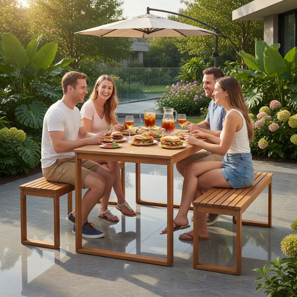 Hommoo Acacia Wood Outdoor Garden Bench, Slatted Seat Patio Bench for Porch, Balcony & Backyard, Natural