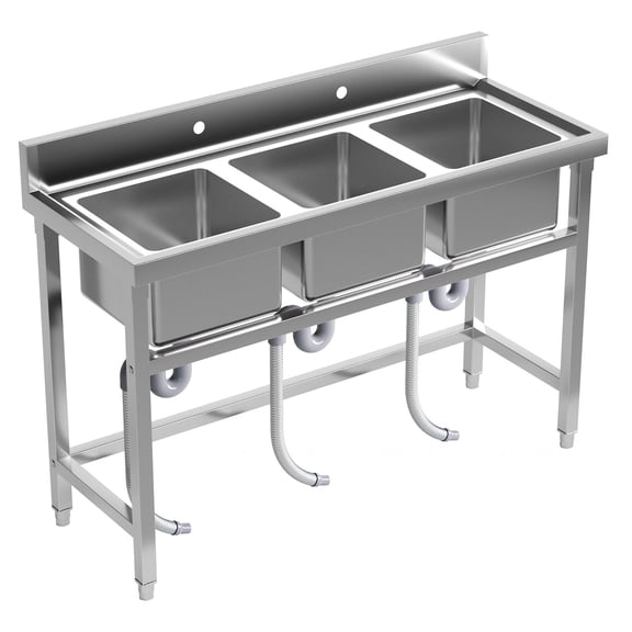 Zhuotong Freestanding 3-Compartment Kitchen Sink, 51" Rust-Proof Stainless Steel Sink with Drain Assembly for Restaurant, Bar & Backyard