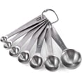 thumbnail image 1 of Cucharas medidoras: Juego de cucharas medidoras de acero inoxidable 18/8 de 7 piezas: 1/8 cucharadita, 1/4 cucharadita, 1/2 cucharadita, 3/4 cucharadita, 1 cucharadita, 1/2 cucharada y 1 cucharada Ingredientes secos y líquidos, 1 of 7