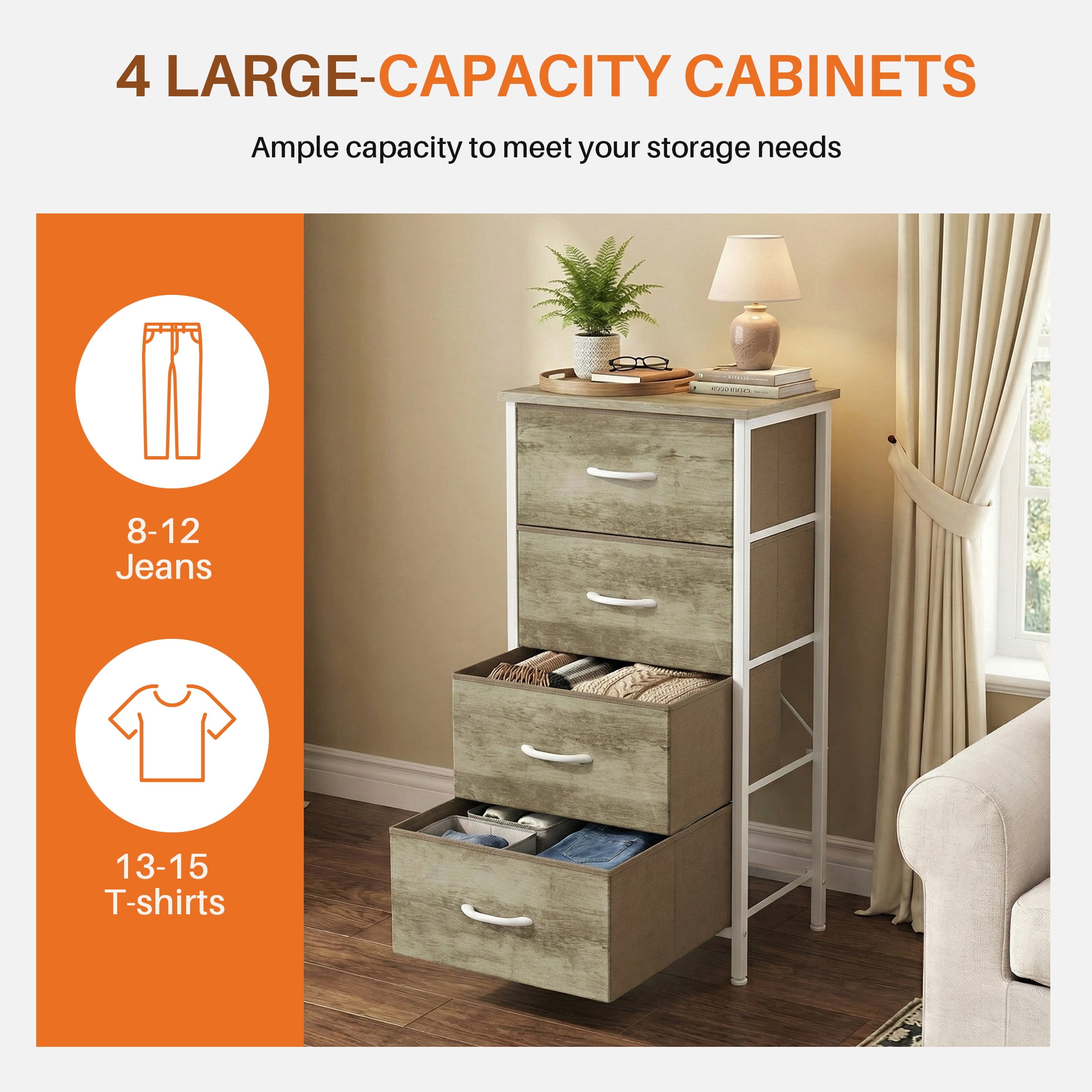 CONCETTA 4-Drawer Fabric Dresser Storage Chest for Bedroom, Closet, Storage Furniture for Adults, Oak