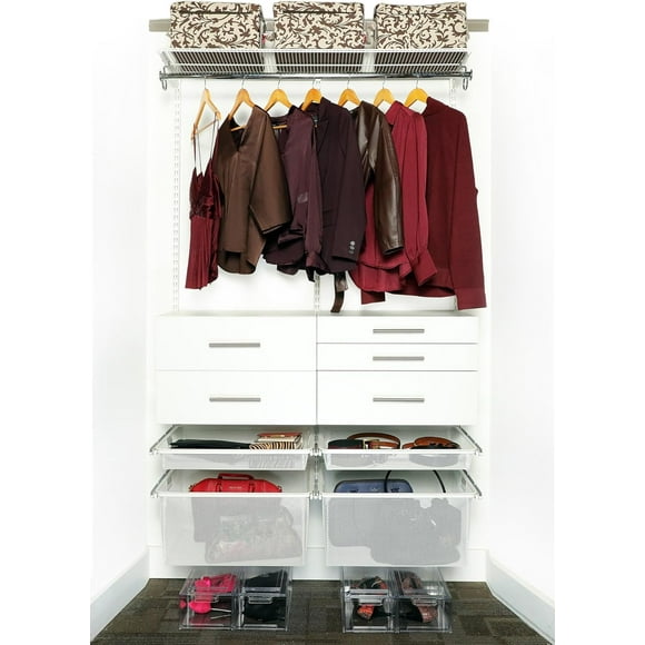Reach-In Closet System Organizer, 48"W x 78"H x 16"D, Hanging Rod, Wood Drawers, Shelf and Gliding Baskets, White RS1047