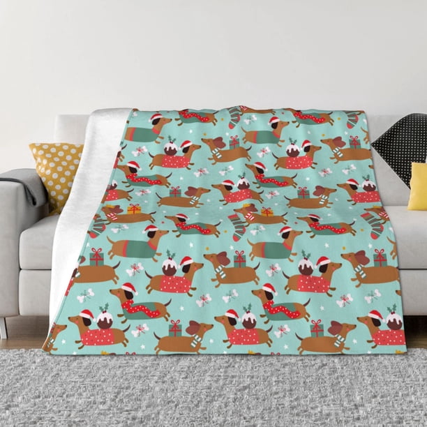 Balery Dachshund Christmas Play Manta de Franela con Dibujo, Lujo Ultra Suave y Cálido, Antipelusa y Resistente a las Arrugas para Cama, Sofá, Camping -40"x30"