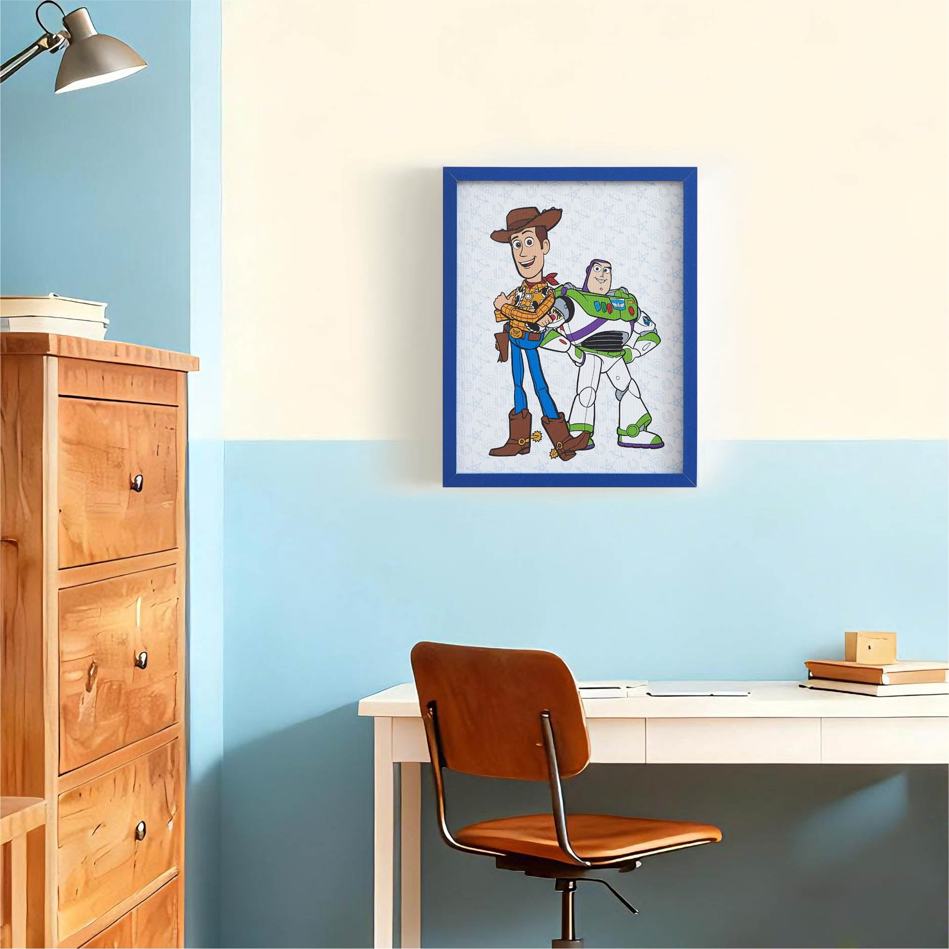 Disney Pixar Toy Story Buzz and Woody Canvas Wall Art with Blue Frame, Modern Kids Room Decor
