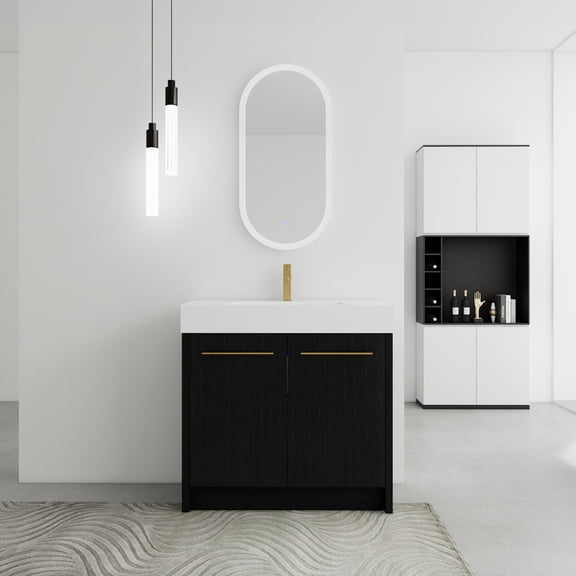 36 Inch Freestanding Bathroom Vanity with Resin Sink, with Soft Closing Door, Black Chestnut