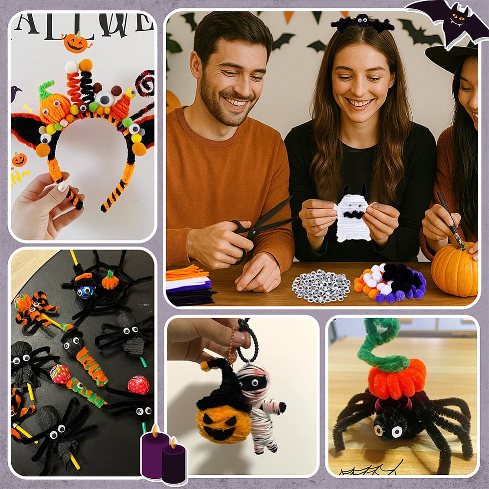 Holloween Theme DIY Making Kits including Craft Yarn Balls Pipe Cleaners Plastic Craft Eyes Cabochons Adhesive PVC Wiggle Eyes Cabochons