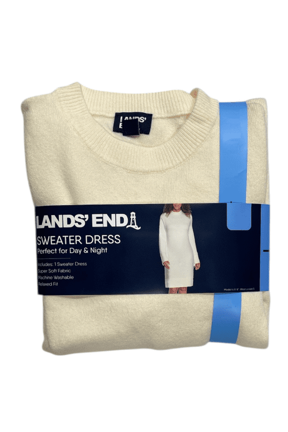 Women's Long Sleeve Relaxed Fit Crewneck Sweater Dress, vainilla L