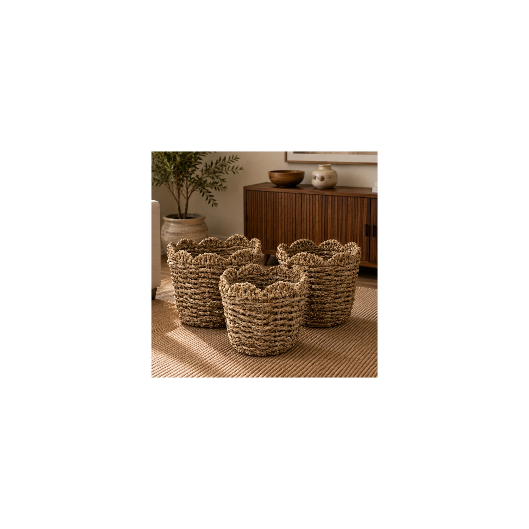 DecMode 10", 11", 12"H Brown Seagrass Handmade Woven Storage Basket with Wavy Edges, 3-Pieces