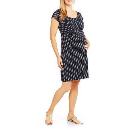 Maternity Short Sleeve Scoop Neck Polka Dot Dress with Drawstring Waist-- Available In Plus Sizes