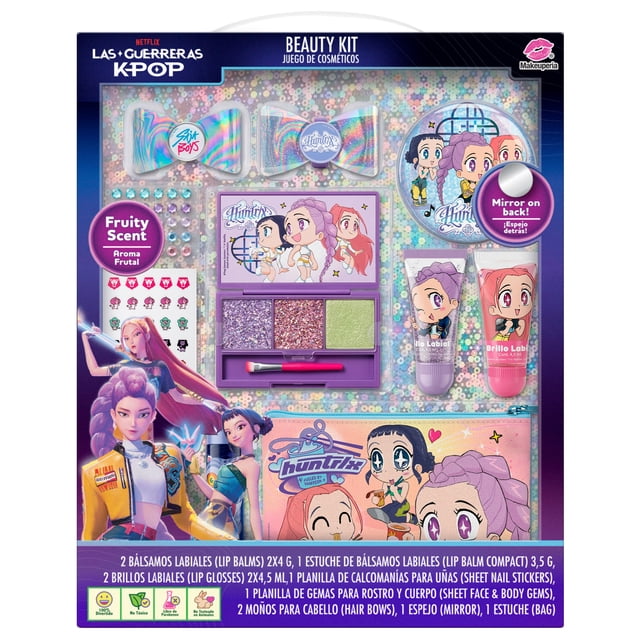 Maquillaje Infantil de Las Guerras KPOP, Incluye Bálsamos Labiales, Brillo Labial, Paleta 3 Tonos con Brocha, Moños, Gemas, Stickers, Bolsa y Espejo, Seguro y No toxico